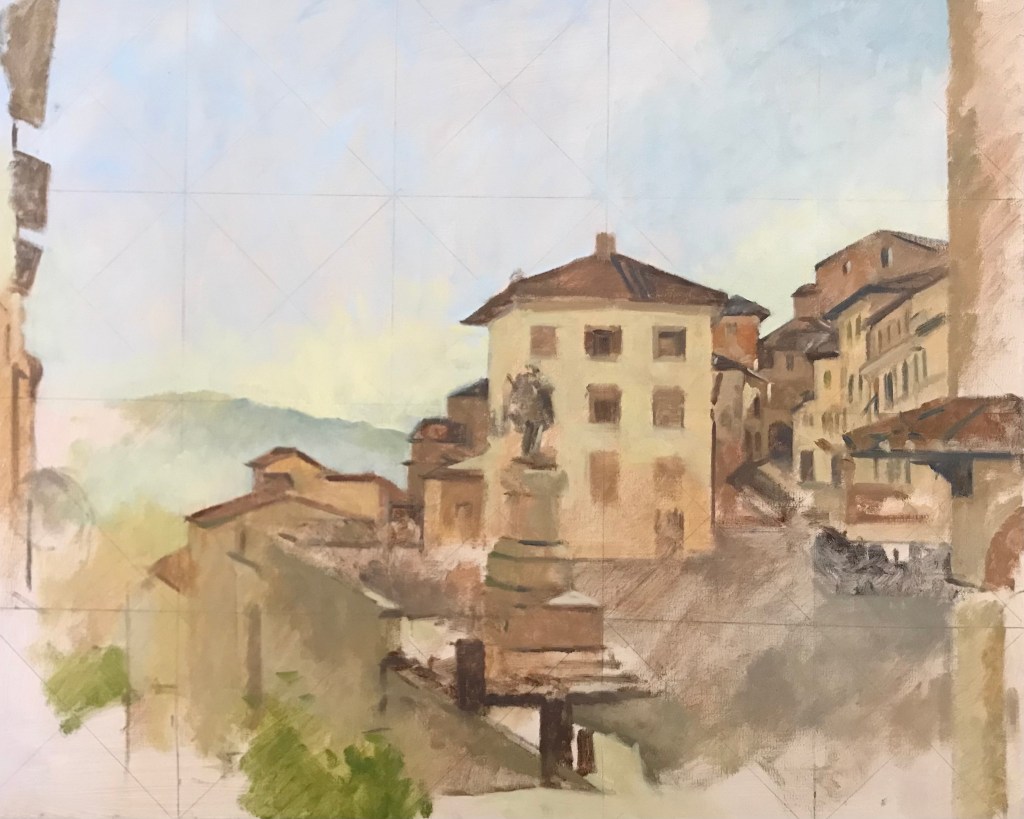 The initial start to the painting. The main building in the background is complete and the sculpture has been mapped out.