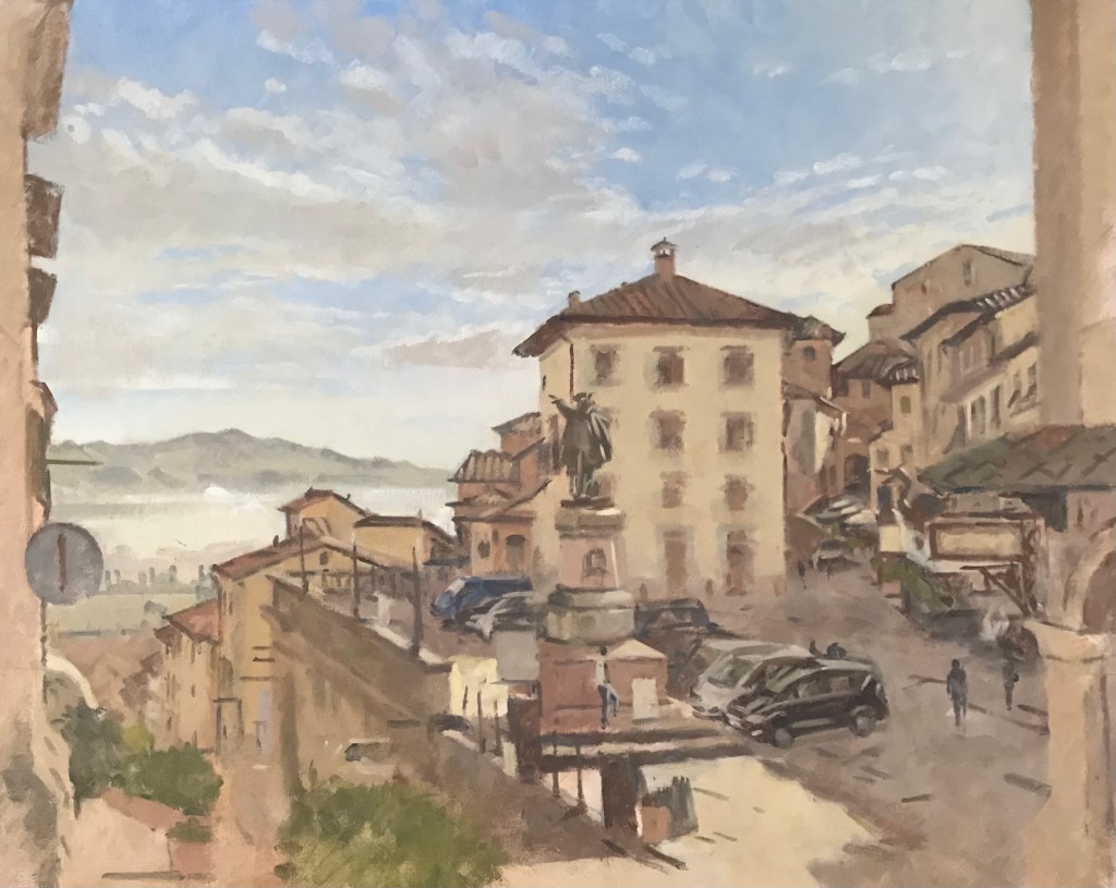 This is the second sitting of the painting. Most of it is complete. The buildings dropping into the valley are yet to be finalised.